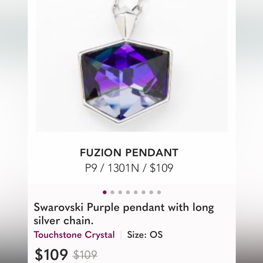 Touchstone Crystal Swarovski Purple Fuzion pendant long silver chain Versatile